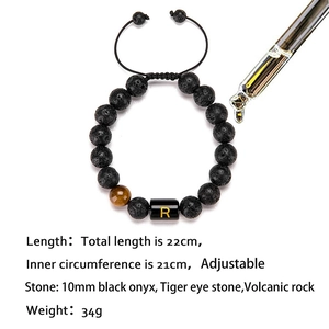 Adjustable 10mm lava rock and tiger eye stone beaded bracelet with golden letter R
