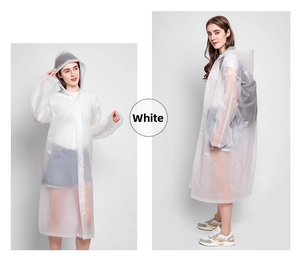 Detailed views of a white semi-transparent EVA hooded raincoat with snap buttons