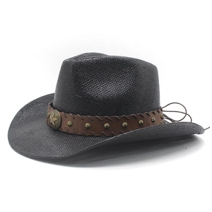 Black straw western cowboy hat with brown leather band and metallic star emblem