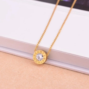 Elegant gold titanium Roman numeral necklace with a sparkling round crystal pendant for women