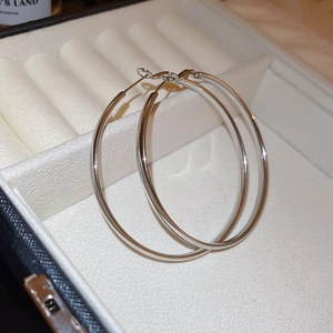 Macro shot of minimalist silver hoop earrings on a velvet jewelry box display