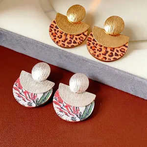 Geometric Round Wood Alloy Drop Earrings With Silver Earring Post Vintage Leopard Desert Pattern Retro Jewelry For Women