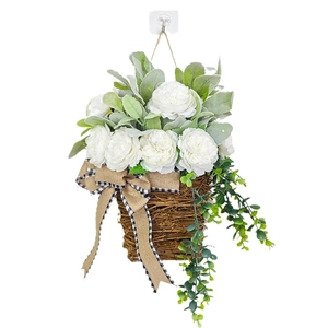 White peony flower wreath door basket with lamb's ear leaves and a buffalo plaid bow