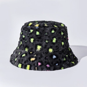 Macro texture of plush faux fur bucket hat with vibrant colorful leopard print spots