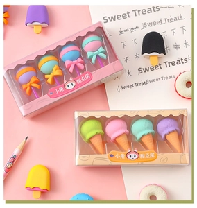 Detail of creative dessert-shaped erasers including lollipop and ice cream in a gift box