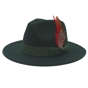 Nahaufnahme grüner Wollfilz-Fedora-Hut mit dekorativer Schleife und bunten Federn