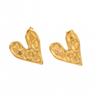 Elegant 18K gold plated stainless steel heart stud earrings with hammered texture
