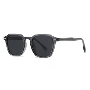 Retro smoke grey translucent square sunglasses with dark polarized lenses and metal rivets