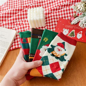 Christmas cartoon cotton mid-calf socks with Santa and tree patterns in festive colors