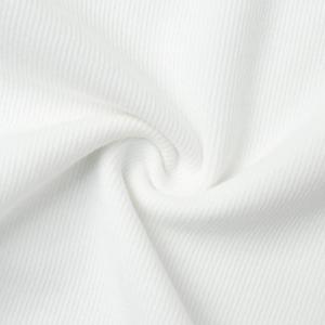 Macro view of white ribbed knit fabric texture showing vertical stripes and soft handfeel