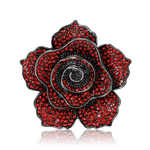 Vintage style rose flower brooch with red rhinestones and dark metal finish for women