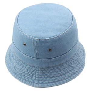Light blue washed denim bucket hat for women with retro metal vents and stitched brim