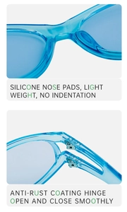 Detail of blue sunglasses featuring soft silicone nose pads and durable metal hinges
