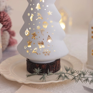 Glow Christmas tree ceramic night light with star cutout and wood base decor