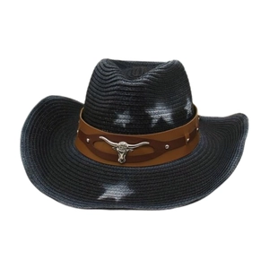 Western Cowboy Straw Hat With Bull Head Metal Ornament Wide Brim Star Print Sunshade Windproof Rope For Travel
