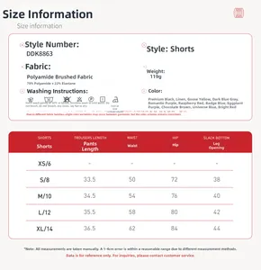 Tableau des tailles pour shorts de yoga taille haute avec détails sur le tissu