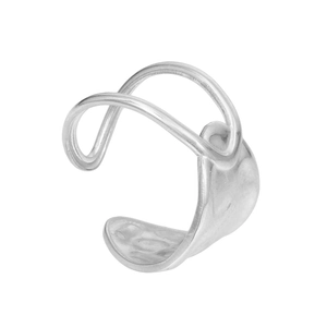 Close-up of a silver double-line cutout ear cuff with a modern minimalist curved metal design