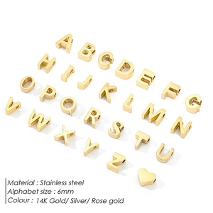 6mm roestvrijstalen A-Z alfabet en hart bedels in 14K goud, zilver en roségoud