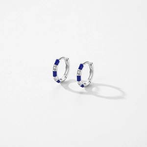 S925 Sterling silver hoop earrings with blue enamel stripes and zircon gemstones