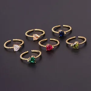 Heart Zircon Adjustable Ring Copper Gold Plated Beaded Band Colorful Gemstone Fashion Jewelry For Women