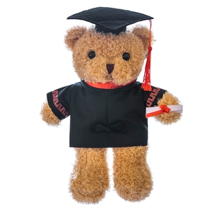 Graduation teddy bear in black bachelor gown with mortarboard hat and scroll diploma.