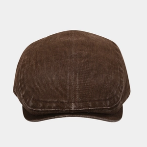 Front view of dark brown vintage cotton ivy cap with washed texture and flat brim
