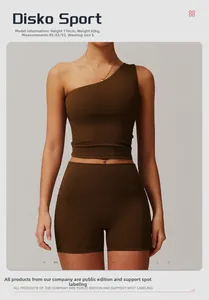 Detail view of coffee brown yoga set with one-shoulder vest and high-waisted shorts