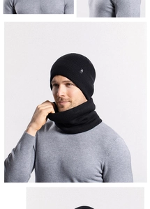 Detail of men's black rib-knit winter beanie and neck warmer set with warm fleece lining