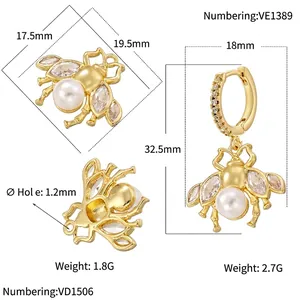 Creative pearl bee earrings set in gold finish with marquise zircon insect charm