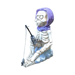 Figura de esqueleto pescador en resina con capucha púrpura para pecera y Halloween
