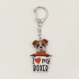 Detail of acrylic Boxer dog keychain featuring printed I Love My Boxer slogan and metal clasp