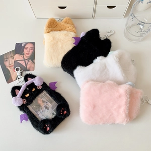 Cartoon plush cat photo card holders in four colors with hooks for bags and keys