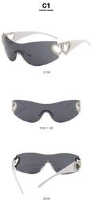 Detailed views of Y2K sunglasses with white frame, grey lenses, and silver heart accents