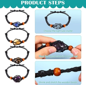Dettaglio del bracciale a rete nero regolabile con vari cristalli grezzi naturali
