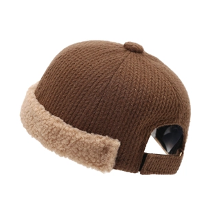 Winter knitted docker hat with thick faux sheepskin trim and adjustable strap in coffee brown