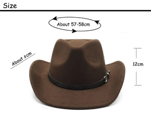 Detailed size specifications for brown felt fedora hat with dimensions and black belt