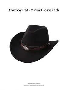 Detailed macro view of black felt cowboy hat with vintage silver metal studded leather band