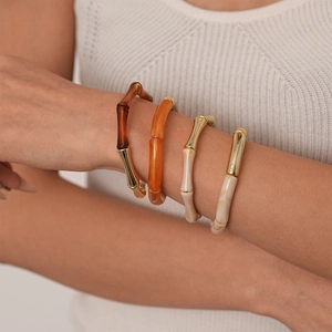 Bracelet Bambou Vintage Acrylique Résine Alliage Couleur Contraste Élastique Bijoux Élégants Femmes