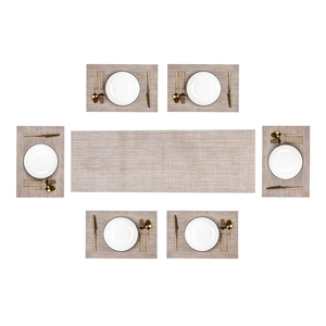 Table runner set with six beige linen mats and golden cutlery for elegant dining setups