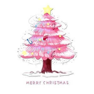 Pink Christmas tree window sticker with festive decorations and Merry Christmas greeting