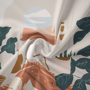 Detail of soft bohemian tapestry fabric showing abstract Nordic plant print and texture