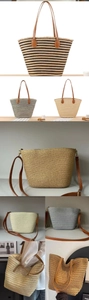 Detail shots of various woven straw tote bags with faux leather straps and metal hardware