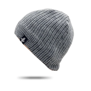Men's light grey knitted beanie with snowflake label, winter windproof warm ribbed skull cap