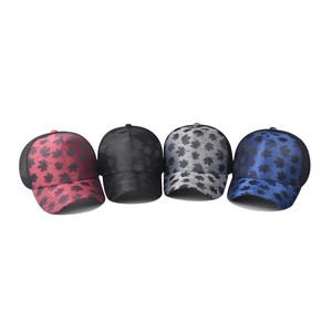 Set of four mesh trucker hats with maple leaf patterns in red, black, grey and blue