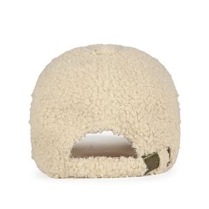 Beige lamb wool baseball cap back view showing texture and adjustable metal buckle