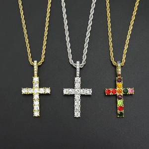 Hip hop iced out cross necklaces in gold and silver finish with colorful rhinestones