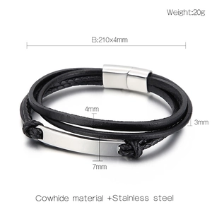 Detail showing multilayer braided cowhide leather texture and steel magnetic clasp on bracelet