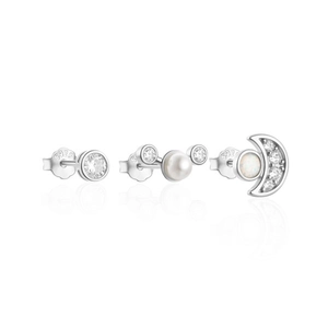 Detailed view of S925 sterling silver stud earring set with moon, pearl and zircon