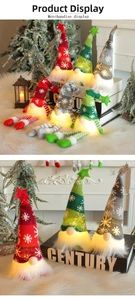 Close-up of LED glowing Christmas gnomes with snowflake knitting and white faux fur detail