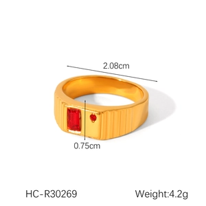 Detail view of gold octagram ring with red gemstone showing 2.08cm diameter and weight